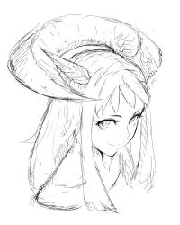 Rule 34 | 1girl, asymmetrical horns, bad id, bad twitter id, closed mouth, greyscale, horns, jaco, long hair, looking at viewer, monochrome, original, portrait, simple background, smile, solo, white background