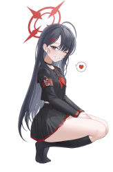 Rule 34 | 1girl, absurdres, black eyes, black hair, black serafuku, black shirt, black skirt, black socks, blue archive, blush, breasts, full body, gloves, grin, hair ornament, hairclip, halo, heart, highres, ichika (blue archive), long hair, looking at viewer, one eye closed, oyasumisan01, red halo, school uniform, serafuku, shirt, simple background, skirt, small breasts, smile, socks, solo, spoken heart, white background