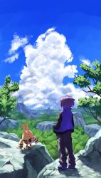 Rule 34 | 1boy, black pants, cloud, commentary request, creatures (company), day, elekid, game freak, gen 2 pokemon, highres, ichihara yuuto, jacket, male focus, nintendo, outdoors, pants, paul (pokemon), pokemon, pokemon (anime), pokemon (creature), pokemon dppt (anime), purple footwear, purple hair, purple jacket, shoes, short hair, sky, standing