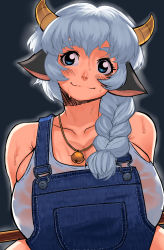 Rule 34 | 1girl, absurdres, animal ears, arms behind back, bell, blush, borrowed character, braid, breasts, cessa, cleavage, collarbone, commentary, commission, cow ears, cow girl, cow horns, denim, english commentary, grey hair, hair over shoulder, head tilt, highres, holding, horns, huge breasts, jewelry, jingle bell, looking at viewer, nandi raktasari (prafa-ar), no bra, original, outline, overalls, pendant, shirt, single braid, skindentation, solo, tank top, thick eyebrows, upper body, wet, wet clothes, wet shirt