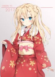 Rule 34 | 1girl, 2017, blonde hair, blue eyes, blush, cowboy shot, crossed bangs, floral print, fur collar, grey background, hair between eyes, hair ornament, hairclip, hand up, highres, japanese clothes, kimono, kuran (yourcatissick), long hair, looking at viewer, obi, original, parted lips, red kimono, sash, sleeves past wrists, solo, two side up