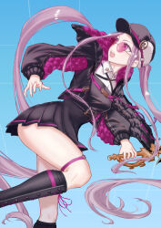 Rule 34 | 1girl, absurdres, atenderliver, black dress, dress, fate/grand order, fate (series), hat, highres, long hair, medusa (fate), medusa (saber) (fate), open mouth, pink-tinted eyewear, purple eyes, purple hair, solo, sunglasses, thighs, tinted eyewear, twintails, very long hair