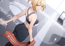 Rule 34 | 1girl, ass, black pants, black sports bra, blonde hair, can, commission, from behind, girls&#039; frontline, green eyes, high-waist pants, highres, holding, holding can, jewelry, looking at viewer, looking back, open mouth, pants, ring, short hair, skeb commission, smile, solo, sports bra, sweat, tight clothes, tight pants, towel, warashi, wedding band, welrod mkii (girls&#039; frontline), yoga pants