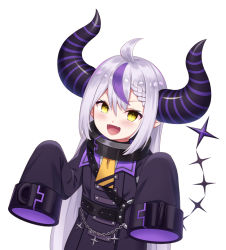 Rule 34 | 1girl, :d, ahoge, black coat, black horns, blush, braid, braided bangs, buttons, coat, collar, cowboy shot, demon girl, demon horns, fangs, grey hair, hair between eyes, highres, hololive, horns, la+ darknesss, long hair, long sleeves, looking at viewer, multicolored hair, neckerchief, open mouth, pointy ears, purple hair, purple horns, shoron, simple background, sleeves past fingers, sleeves past wrists, slit pupils, smile, solo, streaked hair, striped horns, tail, trench coat, very long hair, virtual youtuber, white background, yellow eyes, yellow neckerchief