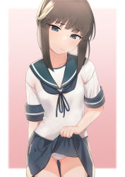 Rule 34 | 1girl, blue eyes, blue neckerchief, blue sailor collar, blush, brown hair, closed mouth, clothes lift, commentary request, fubuki (kancolle), highres, kantai collection, lifted by self, looking at viewer, neckerchief, panties, sailor collar, sakieko, school uniform, serafuku, short sleeves, sidelocks, simple background, skirt, skirt lift, solo, underwear, white panties