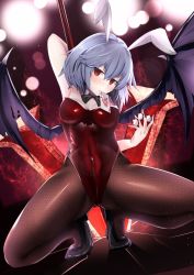 Rule 34 | 1girl, animal ears, arm behind head, bare arms, bat wings, black footwear, black pantyhose, blue hair, breasts, card, cleavage, commentary request, fishnet pantyhose, fishnets, highres, holding, holding weapon, leotard, looking at viewer, medium breasts, mouth hold, pantyhose, playboy bunny, playing card, poker chip, rabbit ears, red eyes, red leotard, remilia scarlet, shoes, sinkai, solo, spear the gungnir, squatting, touhou, weapon, wings