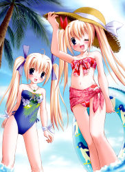 Rule 34 | 2girls, :d, absurdres, ahoge, bikini, blonde hair, blush, bow, clover (series), clover heart&#039;s, fang, floral print, hair bow, hat, highres, innertube, mikoshiba rea, mikoshiba rio, multiple girls, navel, nimura yuuji, one-piece swimsuit, one eye closed, open mouth, palm tree, saiga (company), sarong, siblings, sisters, smile, straw hat, sun hat, swim ring, swimsuit, tree, twins, twintails