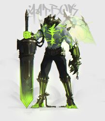 Rule 34 | 1boy, aatrox, absurdres, armored boots, belt, black pants, boots, chain, character name, colored skin, commentary, english commentary, facing to the side, fake horns, full body, funky pepe, gauntlets, glowing, green skin, grey background, helm, helmet, highres, holding, holding sword, holding weapon, horned helmet, horns, huge weapon, knee boots, league of legends, male focus, pants, solo, standing, sword, topless, weapon, wings