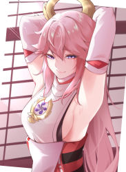 Rule 34 | 1girl, armpits, arms behind head, arms up, breasts, closed mouth, detached sleeves, genshin impact, hair between eyes, hair ornament, highres, japanese clothes, large breasts, long hair, looking at viewer, miko, pink hair, purple eyes, sideboob, simple background, smile, solo, upper body, yae miko, zr04