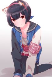 Rule 34 | 1girl, all fours, animal ears, armband, belt, belt buckle, blue hair, blue jacket, blunt bangs, blush, buckle, cat ears, clip, closed mouth, collarbone, collared jacket, fake animal ears, frilled skirt, frills, grey background, idolmaster, idolmaster shiny colors, jacket, long sleeves, looking at viewer, miniskirt, morino rinze, norada, pants, pants under skirt, pink skirt, plaid, plaid skirt, red eyes, short hair, simple background, skirt, smile, solo, v-neck