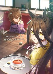 Rule 34 | 2girls, agnes tachyon (umamusume), ahoge, animal ears, apron, artist name, bare shoulders, black hair, botantouki, breasts, brown hair, call bell, closed mouth, cup, earrings, english text, glint, hair between eyes, hair ornament, hair scrunchie, highres, holding, holding tray, horse ears, horse girl, horse tail, indoors, jewelry, long hair, looking at viewer, manhattan cafe (umamusume), multiple girls, napkin, neck ribbon, necklace, off-shoulder shirt, off shoulder, open mouth, painting (object), plant, pony (animal), potted plant, purple shirt, red eyes, ribbon, saucer, scrunchie, shirt, single earring, small breasts, smile, spoon, standing, steam, table, tail, thank you, tray, umamusume, window, yellow eyes, yellow shirt