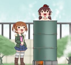 Rule 34 | 2girls, barrel, bath, bathing, blush, boots, brown hair, coat, day, drum (container), drum bath, fire, full body, goriate, hair bobbles, hair ornament, marui futaba, marui mitsuba, miniskirt, mitsudomoe, multiple girls, nude, open mouth, outdoors, railing, short hair, skirt, sky, smile, striped clothes, striped legwear, striped thighhighs, thighhighs, two side up