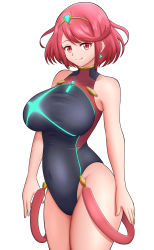 Rule 34 | 1girl, absurdres, black one-piece swimsuit, breasts, chest jewel, competition swimsuit, covered collarbone, earrings, female focus, gem, headpiece, highleg, highleg swimsuit, highres, jewelry, kiteman442, large breasts, looking at viewer, one-piece swimsuit, pyra (pro swimmer) (xenoblade), pyra (xenoblade), red eyes, red hair, red one-piece swimsuit, ribbed swimsuit, short hair, smile, solo, strapless, strapless one-piece swimsuit, swept bangs, swimsuit, tiara, two-tone swimsuit, xenoblade chronicles (series), xenoblade chronicles 2