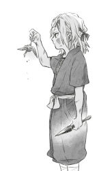Rule 34 | 1boy, aged down, blood, bruise, child, feet out of frame, fishnets, forehead protector, from side, greyscale, highres, holding, holding weapon, injury, kimetsu no yaiba, kunai, male focus, monochrome, ninja, origami, pants, paper crane, profile, sad, sash, short hair, short sleeves, simple background, solo, uzui tengen, weapon, yakiimochan kmt