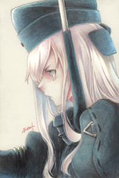 Rule 34 | 10s, 1girl, blue eyes, commentary, eyelashes, frown, garrison cap, hat, highres, kantai collection, long hair, millipen (medium), painting (medium), profile, signature, silver hair, solo, tesun (g noh), texture, traditional media, u-511 (kancolle), upper body, watercolor (medium), watercolor pencil (medium)