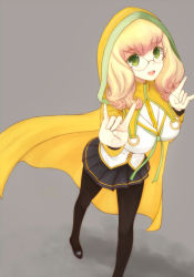 Rule 34 | 1girl, arc system works, bad id, bad pixiv id, black pantyhose, blazblue, blazblue phase 0, blonde hair, breasts, cape, coat, from above, glasses, green eyes, green hair, grey background, hood, langod, large breasts, long hair, m/, matching hair/eyes, open mouth, pantyhose, round eyewear, school uniform, shoes, skirt, solo, trinity glassfield