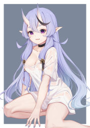 Rule 34 | 1girl, baseness, blush, border, breasts, chinese commentary, cleavage, collarbone, commentary request, covered erect nipples, fang, feet, grey background, hair between eyes, highres, horns, large breasts, long hair, looking at viewer, mole, mole under mouth, nijisanji, no pants, oni, open mouth, pointy ears, purple eyes, purple hair, rindou mikoto, see-through, shirt, short sleeves, simple background, sitting, skin-covered horns, skin fang, smile, solo, t-shirt, thick eyebrows, thighs, very long hair, virtual youtuber, wet, wet clothes, wet shirt, white border, white shirt, yokozuwari