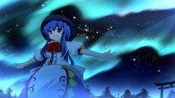 Rule 34 | 1girl, apron, aurora, blue eyes, blue hair, female focus, food, fruit, hat, highres, hinanawi tenshi, long hair, matching hair/eyes, nature, night, outdoors, outstretched arms, peach, sky, solo, spread arms, star (symbol), torii, touhou, tree, tsubasa (abchipika)