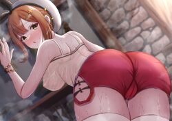 Rule 34 | 1girl, absurdres, ass, atelier (series), atelier ryza, blush, bracelet, breasts, brown hair, cameltoe, cleft of venus, covered erect nipples, hat, highres, jewelry, large breasts, looking at viewer, looking back, medium hair, nohhun, reisalin stout, shorts, sweat, tagme