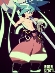 Rule 34 | baggy pants, blue eyes, blue hair, dated, galo thymos, gloves, male focus, matoi, pants, pectorals, promare, sasaki tomomi, smile, spiked hair, topless male