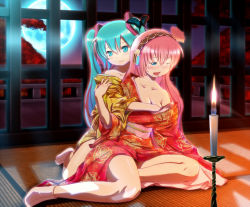 Rule 34 | 2girls, ;d, alternate costume, aqua eyes, aqua hair, bad id, bad pixiv id, bare legs, blue eyes, blush, breasts, bug, butterfly, candle, cleavage, female focus, flower, full moon, grabbing, grabbing another&#039;s breast, grabbing from behind, hair between eyes, hair flower, hair ornament, hatsune miku, headphones, indoors, insect, japanese clothes, kimono, legs, light, long hair, looking at viewer, megurine luka, moaning, moon, multiple girls, night, off shoulder, one eye closed, open mouth, pink hair, sash, sitting, smile, socks, tabi, tadahama, tatami, twinspicahachi, twintails, vocaloid, wide sleeves, wince, window, yuri