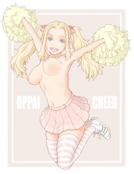 Rule 34 | 1girl, a kun, armpits, arms up, blonde hair, blue eyes, bouncing breasts, breasts, cheerleader, fangs, female focus, forehead, full body, hair ribbon, highres, jumping, long hair, looking at viewer, miniskirt, navel, nipples, open mouth, pale color, pom pom (cheerleading), ribbon, ribs, skirt, solo, striped clothes, striped thighhighs, thighhighs, topless, twintails