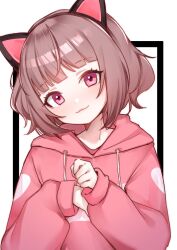 Rule 34 | 1girl, :3, animal ears, blunt bangs, brown hair, cat ears, closed mouth, drawstring, hands up, hashtag-only commentary, highres, hood, hood down, hoodie, kmnz, long sleeves, looking at viewer, mc liz, pink hoodie, short hair, smile, solo, sunege (hp0715), upper body, virtual youtuber, white background