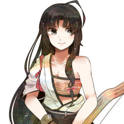 Rule 34 | 10s, 1girl, bandeau, black hair, bow (weapon), breasts, brown eyes, brown hair, itomugi-kun, japanese clothes, kantai collection, long hair, low twintails, pleated skirt, shouhou (kancolle), simple background, skirt, small breasts, smile, solo, twintails, weapon