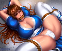 Rule 34 | 1girl, ass, bdsm, bit gag, bondage, bound, breasts, brown rope, cameltoe, cleavage, dead or alive, gag, gagged, highres, huge ass, huge breasts, kasumi (doa), lips, panties, partially visible vulva, pink lips, rope, svoidist, tagme, team ninja, tecmo, thick thighs, thighhighs, thighs, thong, underwear, white panties