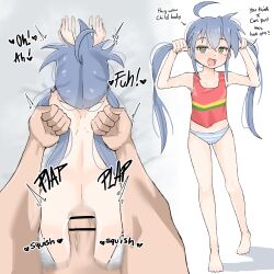 Rule 34 | 1boy, 1girl, absurdres, ahoge, all fours, ass, blue hair, breasts, doggystyle, english text, from behind, grabbing another&#039;s hair, green eyes, hair between eyes, hetero, highres, izumi konata, long hair, lucky star, mole, mole under eye, navel, panties, penis, petite, plap, sex, sex from behind, simple background, small breasts, tank top, twintails, underwear, white background, zlix0n