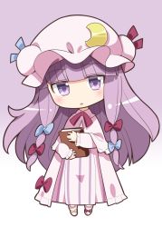 Rule 34 | 1girl, arata toshihira, blue bow, book, bow, crescent print, dress, footwear bow, full body, gradient background, hair bow, hat, highres, holding, holding book, long hair, looking at viewer, mob cap, multiple bows, open mouth, patchouli knowledge, pink hat, purple background, purple dress, purple footwear, purple hair, red bow, sidelocks, solo, striped clothes, striped dress, touhou, yellow bow