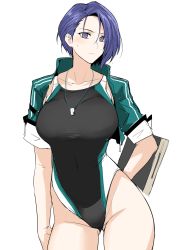 Rule 34 | 1girl, asymmetrical hair, black one-piece swimsuit, blue eyes, blue hair, blush, breasts, collarbone, competition swimsuit, covered navel, fire emblem, fire emblem: three houses, forehead, halcon, highleg, highleg swimsuit, highres, jacket, large breasts, looking at viewer, nintendo, one-piece swimsuit, open clothes, open jacket, parted bangs, shamir nevrand, short hair, short sleeves, simple background, swimsuit, thighs, unfinished, whistle, whistle around neck, white background