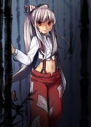 Rule 34 | 1girl, adapted costume, akayan, alternate hairstyle, bamboo, bamboo forest, bow, crop top, forest, fujiwara no mokou, groin, hair bow, long hair, long sleeves, looking at viewer, nature, navel, pants, ponytail, red eyes, red pants, shirt, silver hair, smile, solo, suspenders, touhou, very long hair, white bow, white shirt
