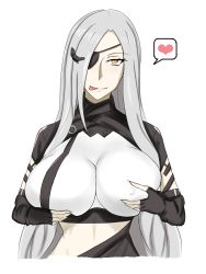 Rule 34 | 1girl, alchemist (girls&#039; frontline), black gloves, blush, breasts, closed mouth, commentary, covered erect nipples, cropped torso, elbow gloves, eyepatch, fingerless gloves, girls&#039; frontline, gloves, hands on own chest, heart, heart print, highres, large breasts, licking lips, long hair, looking at viewer, sangvis ferri, silver hair, smile, solo, sumi ojie, tongue, tongue out, upper body, very long hair, white background, yellow eyes
