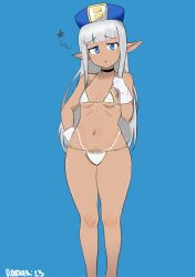 Rule 34 | 1girl, absurdres, annoyed, bare shoulders, bikini, blue background, blue eyes, blue headwear, breasts, choker, collarbone, covered erect nipples, cowboy shot, dimitri becker, gloves, grey hair, highres, karla (kono healer mendokusai), kono healer mendokusai, long hair, looking at viewer, medium breasts, navel, open mouth, pointy ears, simple background, solo, standing, swimsuit, tan, tanline, white bikini, white gloves