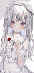 Rule 34 | 1girl, absurdres, ace (playing card), ace of hearts, blush, bow, braid, card, card (medium), closed mouth, commentary, dress, english commentary, flower, grey bow, grey hair, hair between eyes, hair bow, hair ornament, heart, heart hair ornament, highres, holding, holding card, long hair, looking at viewer, moemoepiano, original, pink eyes, playing card, red flower, red rose, rose, solo, white dress