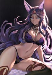 Rule 34 | 1girl, absurdres, animal ears, aqua eyes, bare shoulders, blush, bra, breasts, circlet, cleavage, closed mouth, dark-skinned female, dark skin, eyeliner, fate/grand order, fate (series), forehead jewel, gradient background, highres, large breasts, lingerie, long hair, looking at viewer, makeup, mashuu (neko no oyashiro), navel, panties, parted bangs, purple bra, purple hair, purple panties, queen of sheba (fate), scan, sitting, smile, solo, stomach, tail, thighhighs, thighs, underwear, underwear only, wolf ears, wolf tail