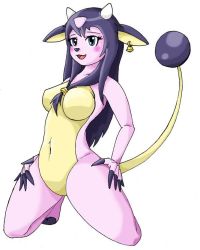 Rule 34 | 1girl, animal ears, bell, blue eyes, breasts, cow ears, cow girl, cow tail, creatures (company), ear piercing, furry, furry female, game freak, gen 2 pokemon, hand on own hip, horns, long hair, miltank, navel, nintendo, no nipples, open mouth, piercing, pokemon, pokemon (creature), simple background, smile, solo, standing, tail, twime777