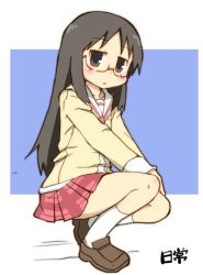 Rule 34 | 1girl, black hair, expressionless, glasses, long hair, minakami mai, nichijou, simple background, solo, tokisadame school uniform, zubatto