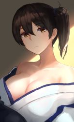 Rule 34 | 1girl, bad id, bad pixiv id, bare shoulders, black hair, breasts, brown eyes, brown hair, cleavage, closed mouth, collarbone, expressionless, female focus, hair between eyes, head tilt, highres, japanese clothes, kaga (kancolle), kantai collection, kimono, large breasts, light, looking at viewer, neck, off shoulder, open clothes, open kimono, shade, shadow, short hair, side ponytail, solo, upper body, weasel (close-to-the-edge), white kimono