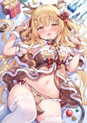 Rule 34 | 1girl, :o, animal collar, animal ears, antlers, babydoll, between legs, blonde hair, blush, bow, breasts, capelet, cleavage, collar, cross-laced clothes, deer ears, deer tail, fur-trimmed capelet, fur-trimmed gloves, fur trim, gift, gloves, hair bow, horns, lace, lace-trimmed thighhighs, long hair, looking at viewer, lying, medium breasts, on back, original, pom pom (clothes), reindeer antlers, reindeer girl, shiono (0303), snow, solo, tail, tail between legs, thighhighs, thighs, winter, yellow eyes