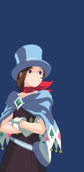 Rule 34 | 1girl, ace attorney, black dress, blue background, blue cape, blue eyes, blue hat, brown hair, capcom, cape, closed mouth, crossed arms, deviantjam, dress, eyebrows hidden by hair, fanny pack, female focus, gloves, hat, highres, looking to the side, magician, nose, red neckwear, red scarf, scarf, short hair, simple background, solo, standing, top hat, trucy wright, wallpaper, white gloves