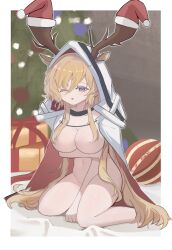 Rule 34 | 1girl, ;o, animal ears, antlers, antlers through hood, arknights, ball, blonde hair, blush, border, box, breasts, cape, christmas, christmas present, christmas tree, cleavage, convenient censoring, deer antlers, deer ears, deer girl, ears through hood, fur-trimmed headwear, fur trim, gift, gift box, groin, hair censor, hair over breasts, hat, hat on antlers, highres, horns, large breasts, long hair, looking at viewer, naked cape, navel, newnigh, one eye closed, open mouth, outside border, pom pom (clothes), purple eyes, red cape, red hat, santa hat, sitting, solo, two-sided cape, two-sided fabric, very long hair, viviana (arknights), wariza, white border, white cape