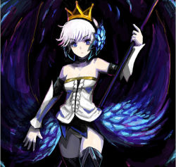 Rule 34 | 1girl, armor, armored dress, bare shoulders, blue eyes, boots, crown, detached sleeves, dress, gwendolyn (odin sphere), hair ornament, kara (color), miniskirt, odin sphere, panties, pantyshot, polearm, short hair, skirt, solo, spear, strapless, strapless dress, thigh boots, thighhighs, underwear, weapon, white hair, wings, zettai ryouiki