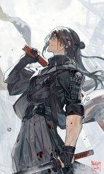 Rule 34 | 1boy, armor, black gloves, black hair, black hakama, black kimono, blood, blood on clothes, blood on face, blue eyes, commentary request, from side, gloves, hakama, haori, highres, holding, holding sword, holding weapon, japanese armor, japanese clothes, katana, kimono, lack, long hair, looking afar, looking up, magoroku kanemoto (touken ranbu), samurai, scabbard, sheath, shoulder armor, signature, sleeves rolled up, sode, solo, standing, sword, touken ranbu, water drop, weapon