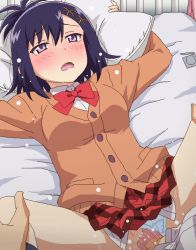Rule 34 | 1boy, 1girl, bed sheet, blue panties, blush, bow, bowtie, cardigan, censored, clothed sex, clothing aside, commission, condom, condom on penis, condom wrapper, gabriel dropout, hair ornament, hetero, long sleeves, lying, missionary, mosaic censoring, on back, open mouth, panties, panties aside, penis, pillow, pink eyes, pixiv commission, plaid, plaid skirt, purple hair, red neckwear, red skirt, school uniform, sex, short hair, skirt, solo focus, spread legs, sweat, tomu (tomubobu), underwear, vaginal, vignette tsukinose april, x hair ornament