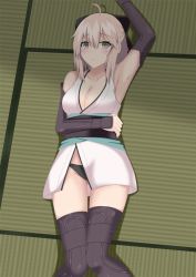 Rule 34 | 1girl, ahoge, arm across waist, arm guards, arm up, armpits, bare shoulders, black panties, black scarf, black thighhighs, blush, breasts, cleavage, closed mouth, fate/grand order, fate (series), iseshi, japanese clothes, kimono, knees together feet apart, koha-ace, large breasts, looking at viewer, lying, no bra, obi, okita souji (fate), okita souji (koha-ace), on back, on floor, open clothes, open kimono, panties, pink hair, sash, scarf, short hair, short kimono, sleeveless, sleeveless kimono, solo, tears, thighhighs, underwear, white kimono, yellow eyes