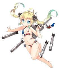 Rule 34 | 1girl, ahoge, albacore (warship girls r), american flag bikini, american flag print, aqua eyes, aqua hair, armpits, barefoot, bikini, blonde hair, blue eyes, blush, cannon, closed mouth, colored eyelashes, eyebrows, flag, flag print, flat chest, floating hair, from side, front-tie bikini top, front-tie top, full body, gradient hair, groin, hair ornament, headgear, holding, holding weapon, jumping, leg up, legs together, light smile, long hair, looking at viewer, machinery, mecha musume, multicolored hair, navel, official art, outstretched arm, personification, print bikini, saru, side-tie bikini bottom, sidelocks, simple background, smile, solo, star (symbol), star print, string bikini, striped bikini, striped clothes, swimsuit, torpedo, turret, twintails, warship girls r, weapon, white background