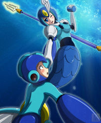 Rule 34 | 1boy, 1girl, ;d, android, arm grab, blue background, blue eyes, blue theme, blush, breasts, capcom, covered erect nipples, elbow gloves, eye contact, gloves, helmet, light rays, looking at another, medium breasts, mega man (classic), mega man (series), mega man 9, mermaid, monster girl, one eye closed, open mouth, polearm, robot, mega man (character), smile, spear, splash woman, sunbeam, sunlight, ticktank, trident, underwater, weapon, wink