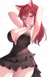 Rule 34 | 1girl, animal ears, armpits, arms up, black dress, breasts, cat ears, closed mouth, commission, dress, fyirkingdomsis, heterochromia, highres, indie virtual youtuber, large breasts, pink eyes, pinky mikaori, purple eyes, red hair, smile, solo, virtual youtuber
